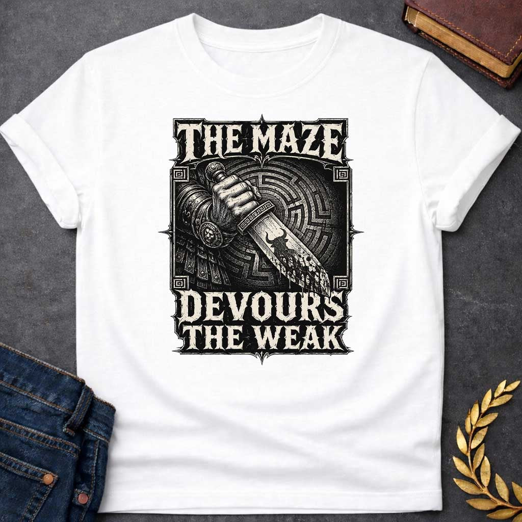 White T-shirt with A Heavy metal aesthetic featuring a muscular clenched fist gripping a bloodstained sword pointing downward through concentric circular maze patterns in the background. Black and white engraving style with ornate decorative border and Greek key patterns in corners. Text reads 'The Maze Devours The Weak' in aggressive metal lettering. Merges Greek labyrinth mythology with dark warrior imagery, celebrating brutal power and survival of the strong.