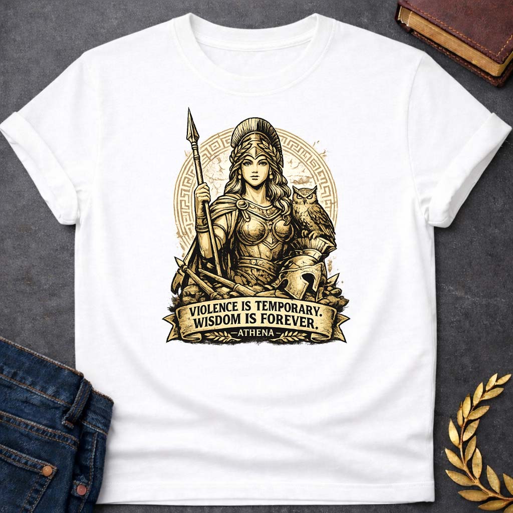 athena violence is temporary wisdom is forever greek mythology youth t shirt featuring owl, laurel wreath, wisdom symbolism in vintage Greek mythology design