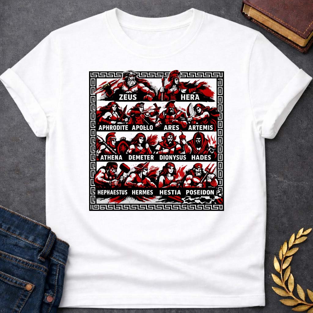 the olympian gods battle mode greek mythology adult t shirt featuring detailed Greek mythology artwork, symbolic design, and bold graphic style
