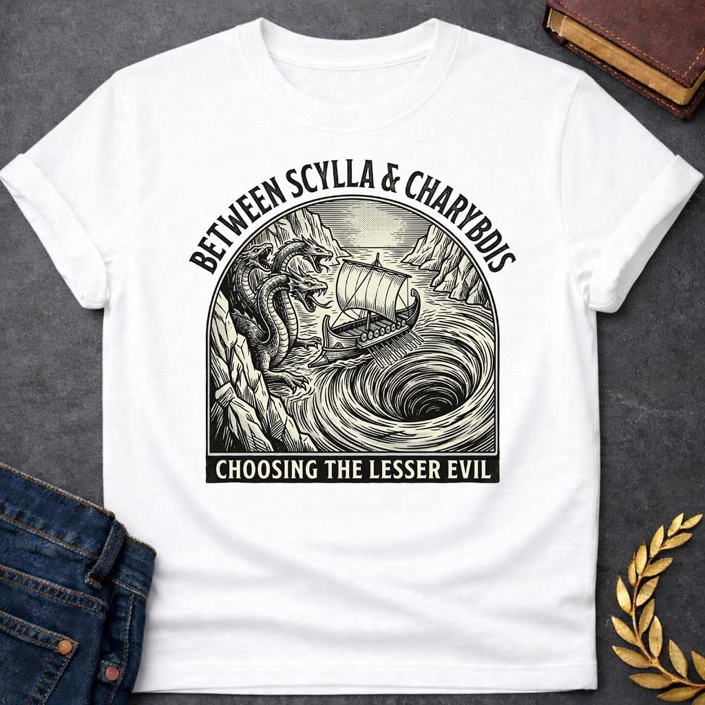 White t-shirt in a vintage woodcut-style, Inside an arched badge, an ancient Greek ship sails narrowly between a multi-headed sea monster on rocky cliffs and a massive, swirling whirlpool. Bold arched text above reads "BETWEEN SCYLLA & CHARYBDIS", while a banner along the bottom displays the phrase "CHOOSING THE LESSER EVIL" in a clean, sans-serif font.