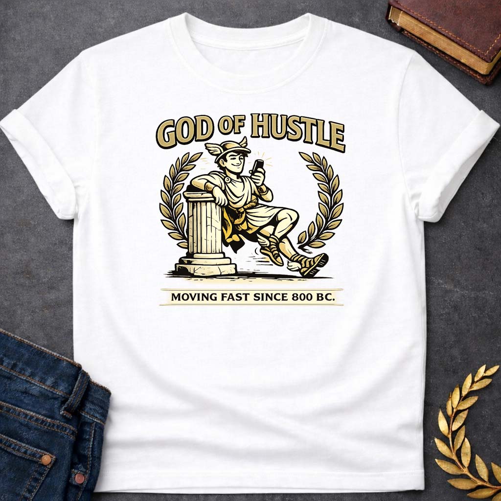 hermes god of hustle greek mythology youth t shirt featuring detailed Greek mythology artwork, symbolic design, and bold graphic style
