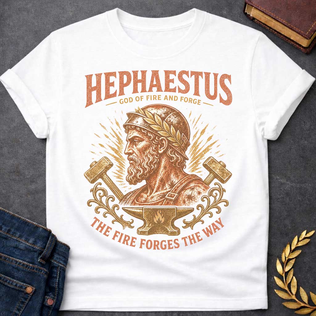 White t-shirt with a Vintage Hephaestus Greek mythology shirt design featuring the bearded God of Fire and Forge wearing a classical helmet and laurel crown. He is framed by crossed blacksmith hammers, fiery sparks, ornate details, and an anvil with a flame symbol. Distressed coral and gold artwork includes the text “Hephaestus God of Fire and Forge” and “The Fire Forges the Way.”
