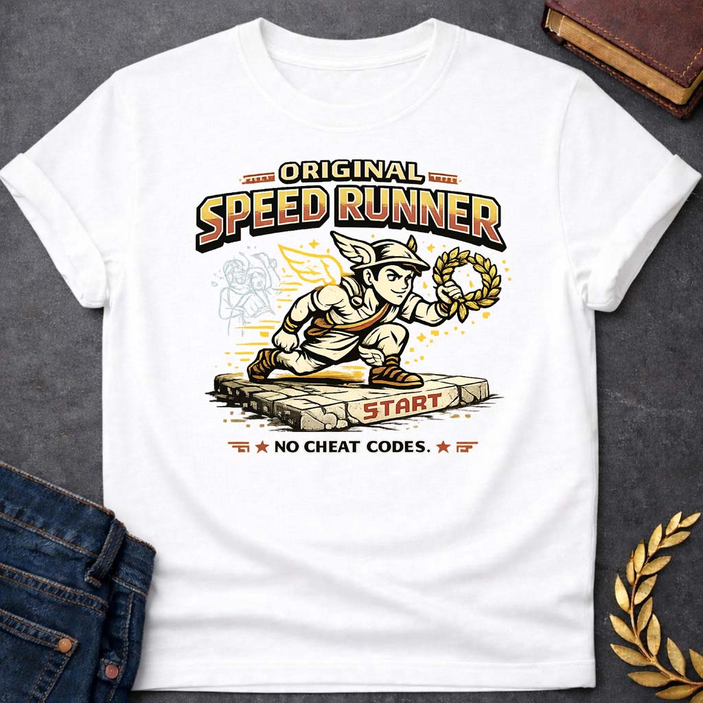 hermes original speed runner greek mythology youth t shirt featuring detailed Greek mythology artwork, symbolic design, and bold graphic style