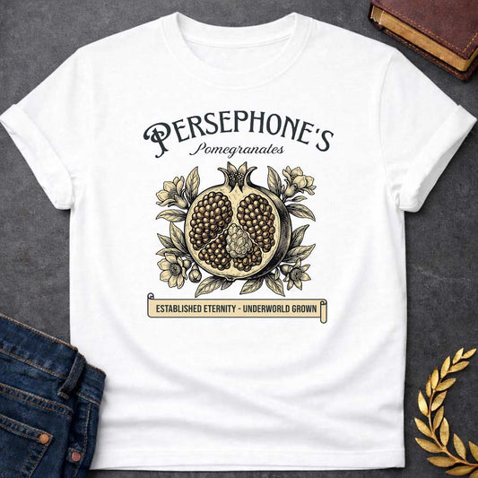 persephone pomegranates greek mythology youth shirt featuring pomegranate, underworld queen symbolism in dark floral mythology design
