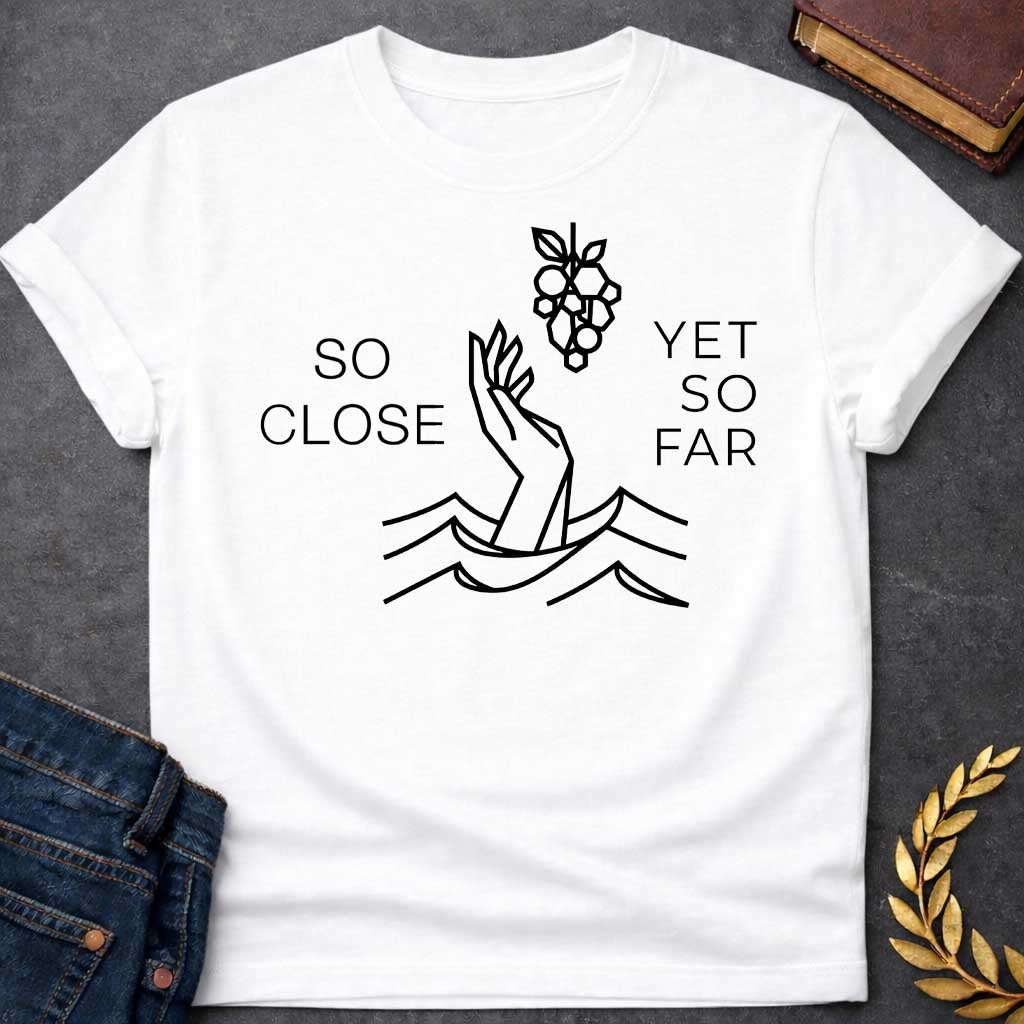 White t-shirt with A minimalist, geometric line-art design. Rendered in crisp black lines, a stylized hand reaches out from geometric water waves toward a cluster of grapes hanging above it. Simple, thin sans-serif text flanks the central illustration, with "SO CLOSE" stacked on the left and "YET SO FAR" stacked on the right.