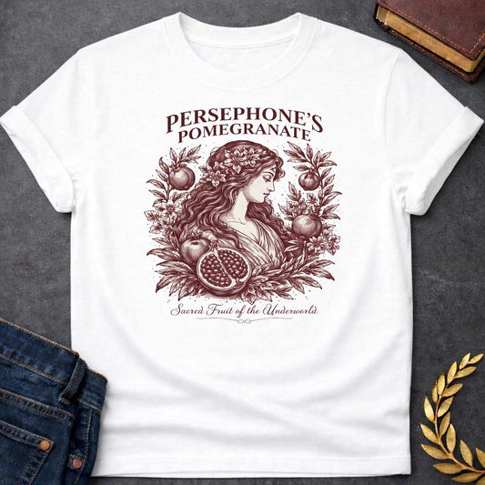 persephone pomegranate sacred fruit of the underworld greek mythology adult shirt featuring pomegranate, underworld queen symbolism in dark floral mythology design