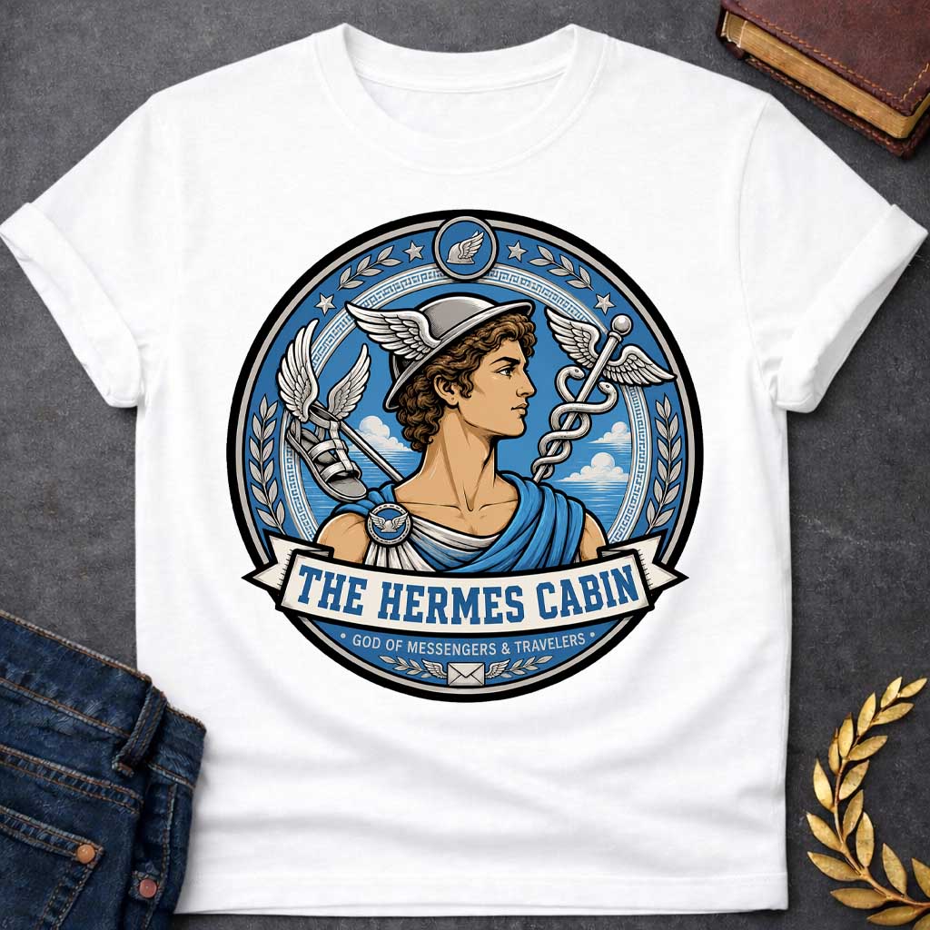 White t-shirt with a Hermes Greek mythology cabin design featuring the messenger god wearing his iconic winged helmet, surrounded by winged sandals, a caduceus, laurel branches, stars, and clouds. Blue, silver, and cream circular emblem includes the text “The Hermes Cabin” and “God of Messengers & Travelers,”