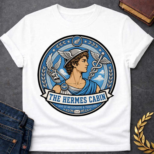 White t-shirt with a Hermes Greek mythology cabin design featuring the messenger god wearing his iconic winged helmet, surrounded by winged sandals, a caduceus, laurel branches, stars, and clouds. Blue, silver, and cream circular emblem includes the text “The Hermes Cabin” and “God of Messengers & Travelers,”