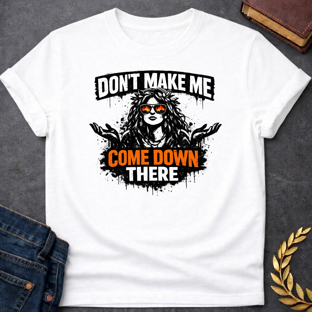 gaia dont make me come down there greek mythology adult shirt featuring detailed Greek mythology artwork, symbolic design, and bold graphic style