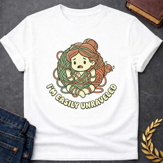White T-shirt with A cute chibi-style t-shirt graphic. A worried cartoon Ariadne sits tangled inside a giant ball of green and orange yarn, while a tiny, peekaboo Minotaur looks on from behind. Below the illustration, the punny tagline "I'M EASILY UNRAVELED" arcs gracefully in a bubbly, retro font. The design features a charming pastel color palette of muted sage green, terracotta orange, and cream.