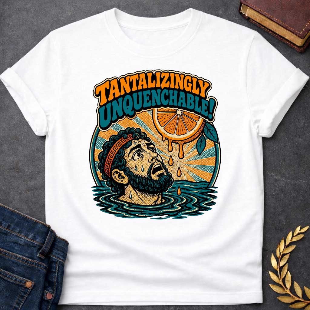 White t-shirt with a retro pop-art design inspired by the myth of Tantalus. Inside a circular badge with a sunburst background, a sweating Greek man submerged to his neck in water looks up in desperation at a juicy orange slice dangling just out of reach with dripping juice droplets. Playful 70s-style bubble lettering arched above reads "TANTALIZINGLY UNQUENCHABLE!" in bold orange and teal fonts.