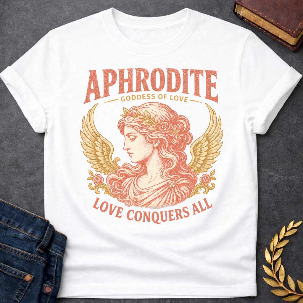 White t-shirt with a Vintage Greek mythology design featuring Aphrodite, goddess of love, in an elegant classical portrait framed by golden wings, roses, and floral details. Warm coral and gold engraving-style artwork is paired with bold text reading "Aphrodite – Goddess of Love" and "Love Conquers All."