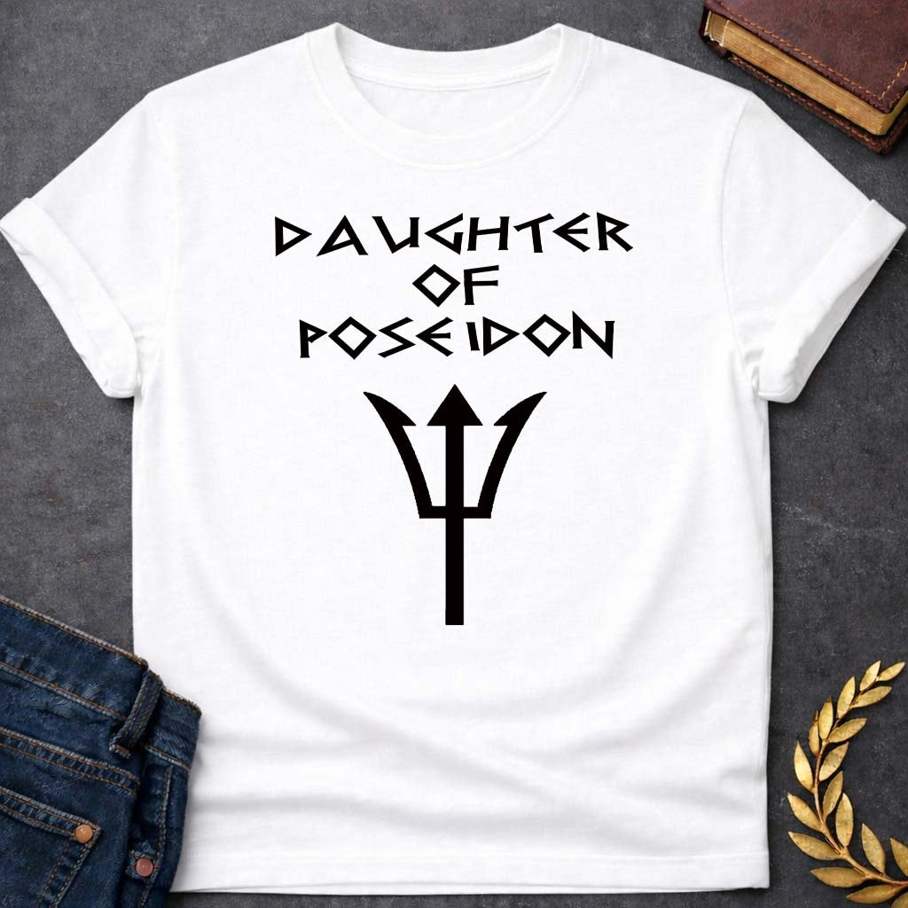 daughter of poseidon unisex softstyle adult t shirt featuring trident, ocean waves, sea god symbolism in Greek mythology design
