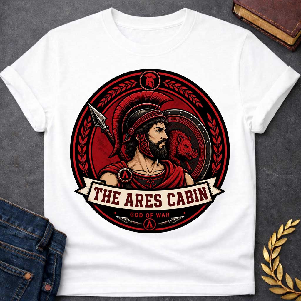 White t-shirt with a Ares Greek mythology cabin design featuring the god of war in a Spartan-style helmet and armor, framed by a spear, shield with a fierce boar, and laurel branches. Bold red, black, and cream circular camp-style emblem includes the text “The Ares Cabin” and “God of War,”