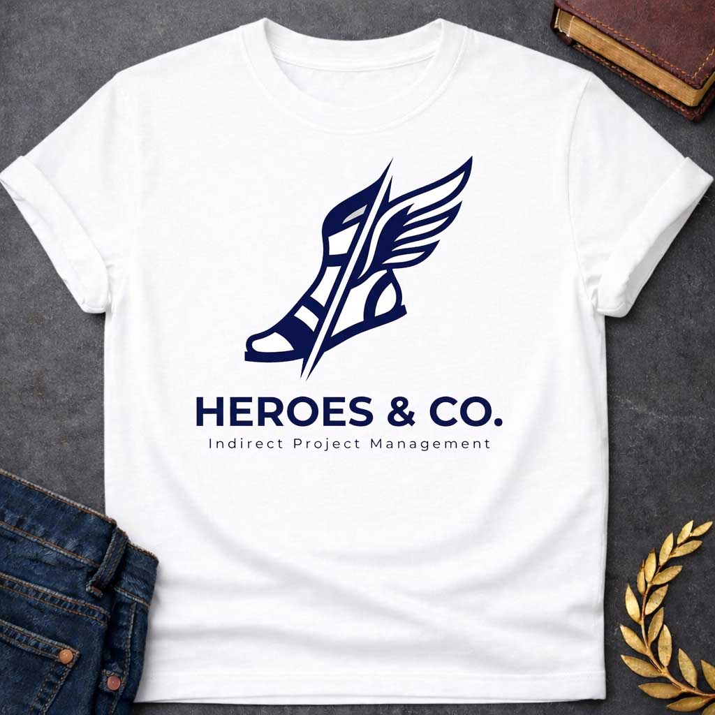 White t-shirt with a a bold, angular illustration of a winged sandal (Hermes-style) sliced diagonally by a sharp line, above the company name in large capital letters, with the tagline "Indirect Project Management" below in smaller spaced-out lettering.