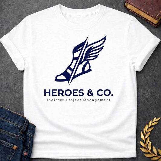 White t-shirt with a a bold, angular illustration of a winged sandal (Hermes-style) sliced diagonally by a sharp line, above the company name in large capital letters, with the tagline "Indirect Project Management" below in smaller spaced-out lettering.
