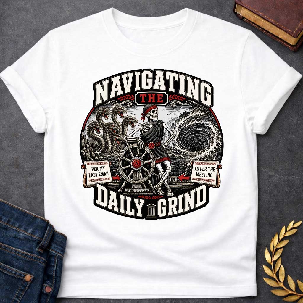 White t-shirt with A skeleton in a toga casually leans on a ship's wheel between a multi-headed sea monster and a churning whirlpool. Bold text reads "NAVIGATING THE DAILY GRIND," with side scrolls humorously labeled "PER MY LAST EMAIL" and "AS PER THE MEETING."