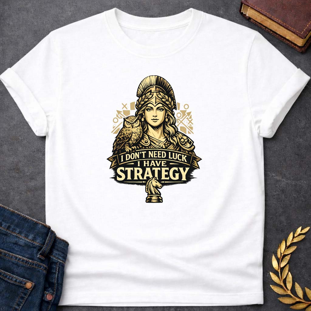 athena i dont need luck i have strategy greek mythology youth t shirt featuring owl, laurel wreath, wisdom symbolism in vintage Greek mythology design