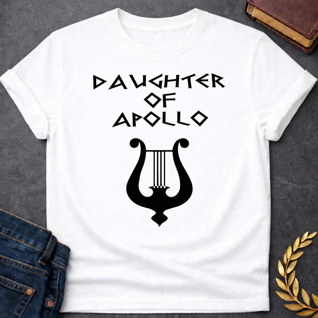 daughter of apollo unisex softstyle adult t shirt featuring detailed Greek mythology artwork, symbolic design, and bold graphic style