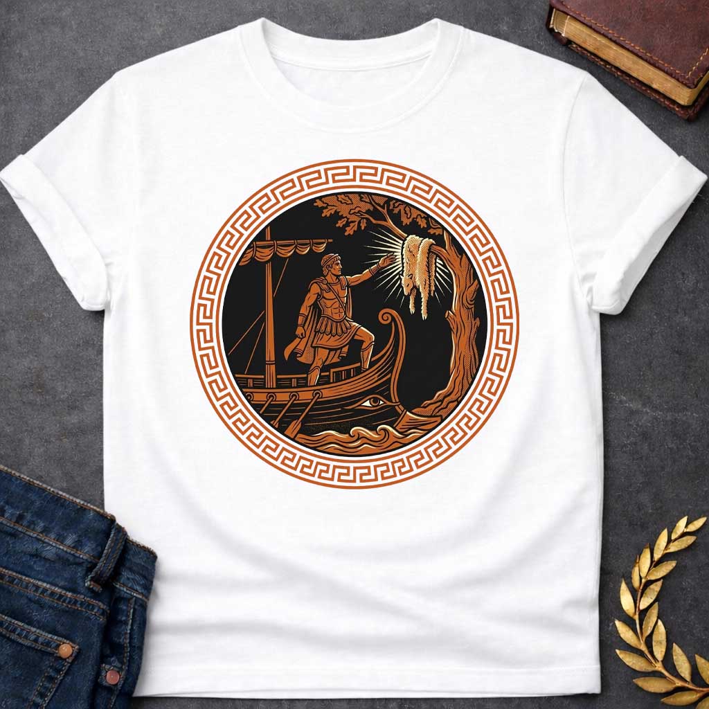 White T-shirt with An ancient Greek pottery-style emblem t-shirt design. Inside a prominent terracotta circular frame featuring a classic meander key pattern, a black-figure style illustration depicts a muscular hero standing on the prow of a wooden ship. He reaches a hand out toward the glowing Golden Fleece hanging from a nearby tree branch, rendered in a bold black, white, and terracotta palette.