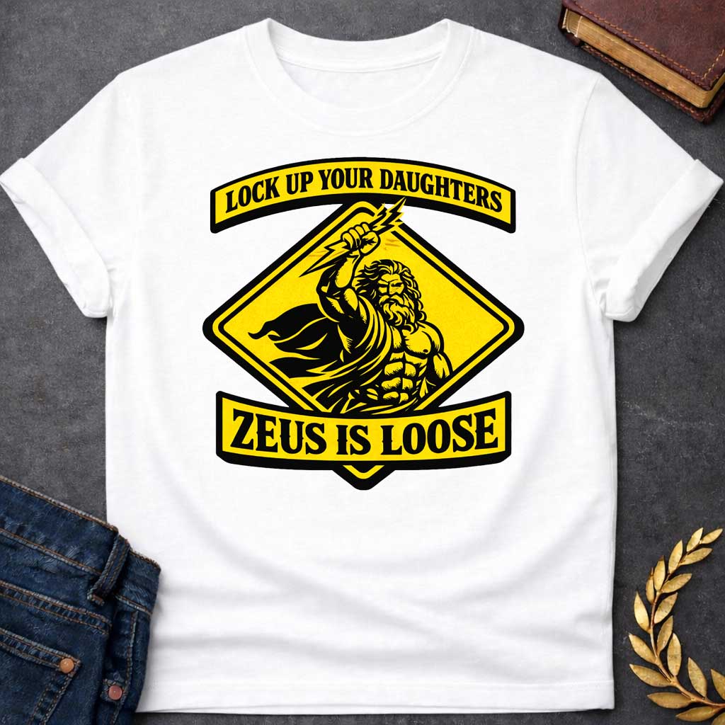 zeus lock up your daughters greek mythology adult t shirt featuring lightning bolt, sky god power symbolism in bold Greek mythology design