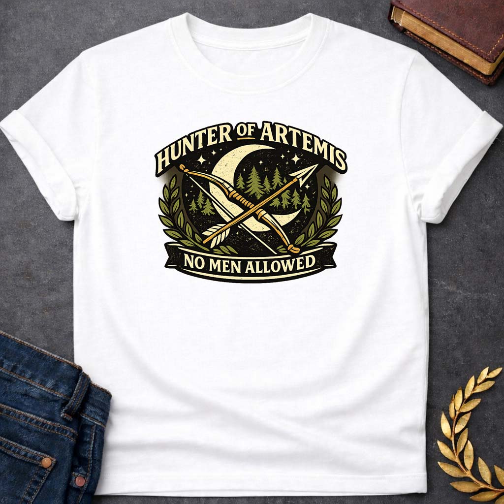hunter of artemis no men allowed greek mythology adult t shirt featuring detailed Greek mythology artwork, symbolic design, and bold graphic style