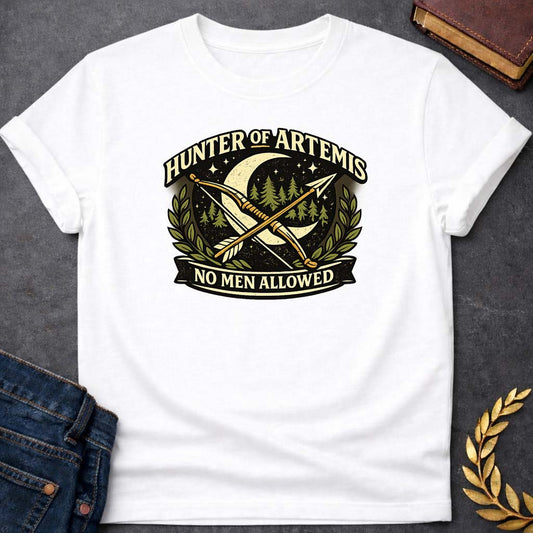 hunter of artemis no men allowed greek mythology adult t shirt featuring detailed Greek mythology artwork, symbolic design, and bold graphic style