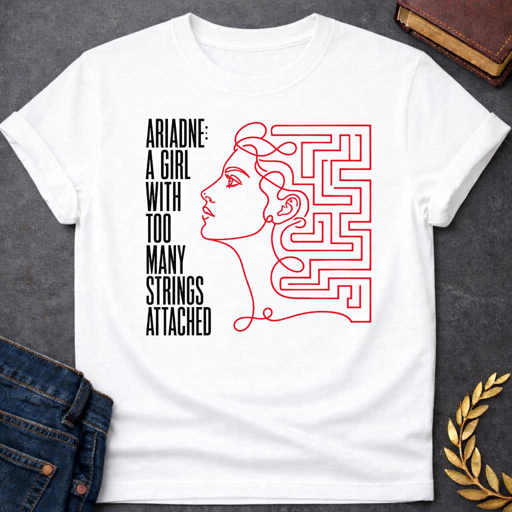 White T-shirt with A minimalist, modern line art t-shirt design for "ariadne a girl with black.jpg". Drawn in a single, continuous red line, the profile of a woman’s face seamlessly transitions into a geometric labyrinth maze behind her head. To the left, stark, vertically elongated black block text stacked vertically reads: "ARIADNE: A GIRL WITH TOO MANY STRINGS ATTACHED," creating a clever Greek mythology pun.