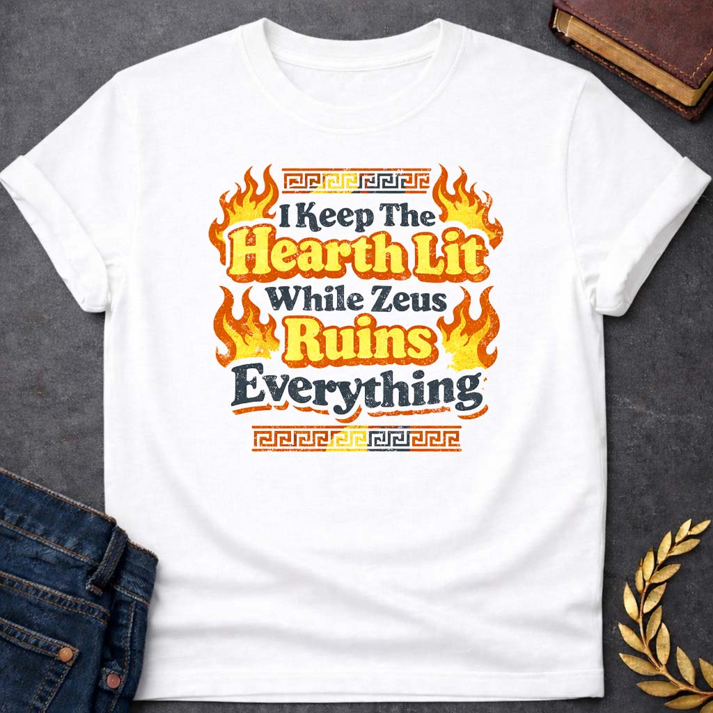 hestia i keep the hearth lit greek mythology youth t shirt featuring detailed Greek mythology artwork, symbolic design, and bold graphic style