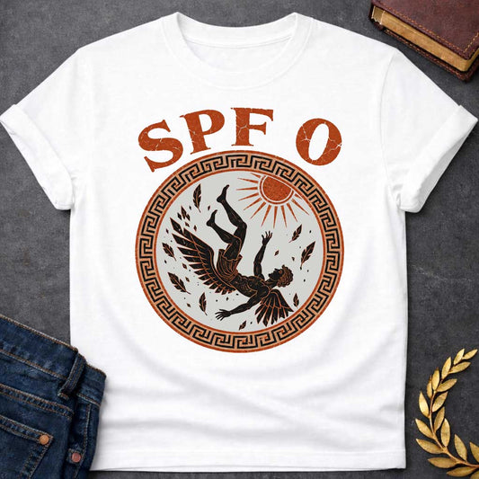 White t-shirt with a distressed ancient Greek pottery-style graphic.  Inside a circular terracotta frame with a black meander key border, a black-figure illustration depicts Icarus falling from the sky as feathers detach from his wings below a shining terracotta sun. Arched above the circular emblem, bold, distressed orange text humorously reads "SPF 0".