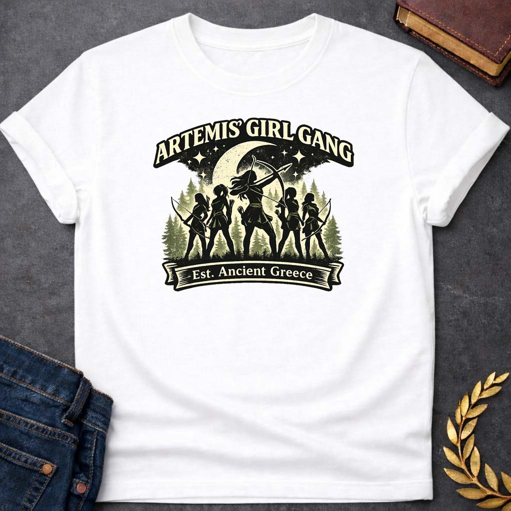 artemis girl gang greek mythology youth t shirt featuring detailed Greek mythology artwork, symbolic design, and bold graphic style