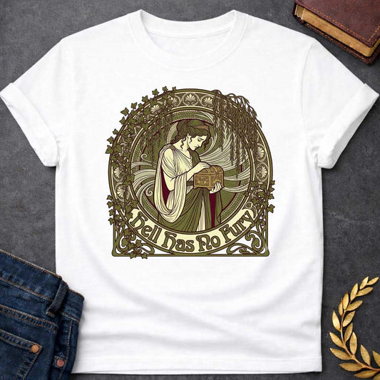 White T-shirt with an Art Nouveau illustration of a classical woman in flowing cream and burgundy robes holding an ornate decorative box, surrounded by intricate ivy vines and architectural flourishes. Green, cream, and burgundy palette with elaborate frame. Text reads 'Hell Has No Fury.' References Medea's legendary wrath and the famous quote about a woman scorned. Celebrates the fierce power of feminine rage and vengeance in Greek mythology.