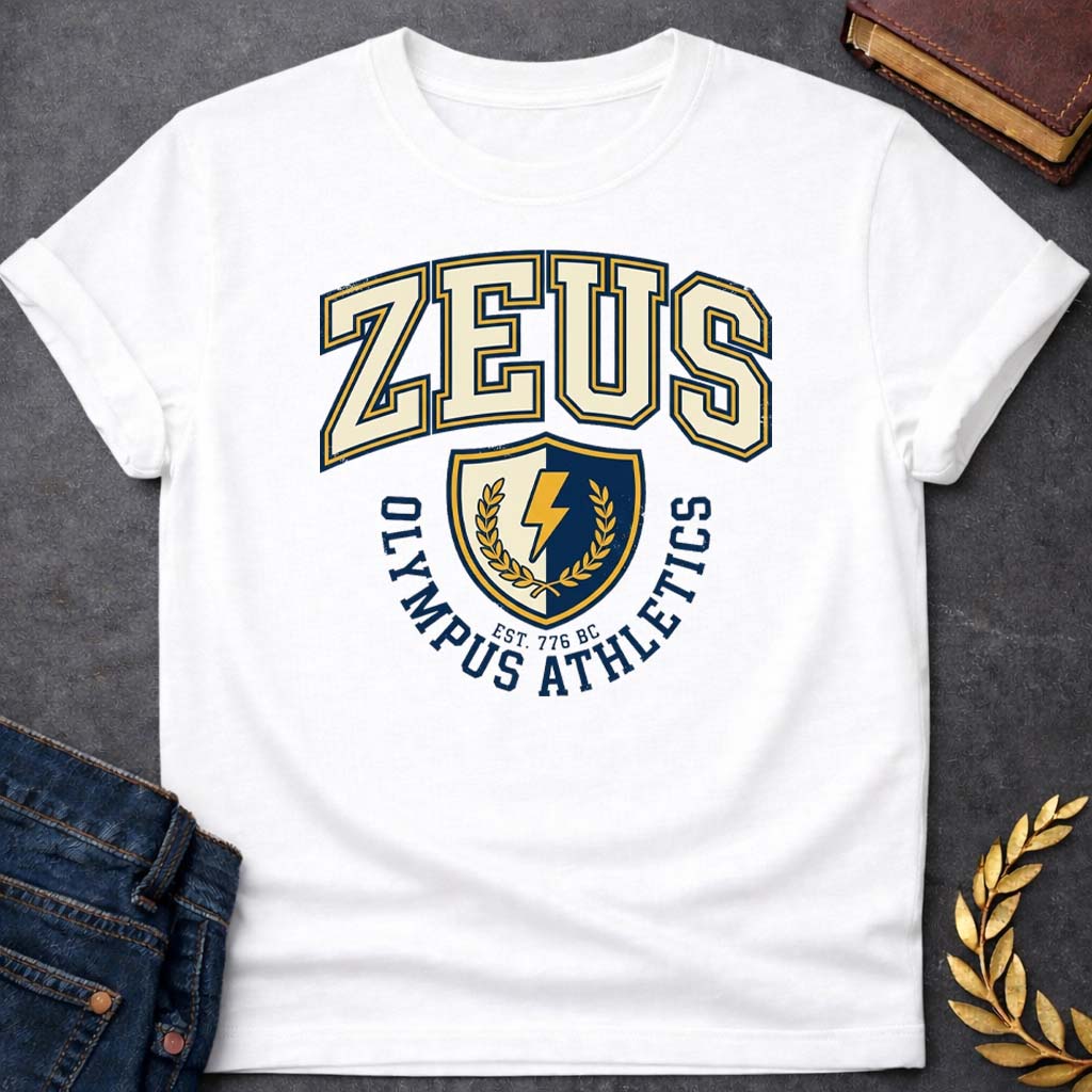 zeus olympus athletics greek mythology youth t shirt featuring lightning bolt, sky god power symbolism in bold Greek mythology design