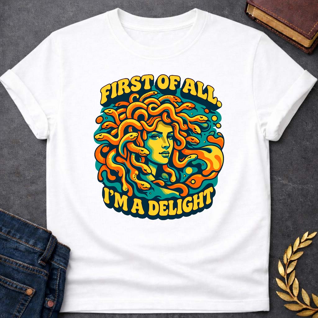 medusa first of all im a delight psychedelic style greek mythology youth shirt featuring detailed Greek mythology artwork, symbolic design, and bold graphic style