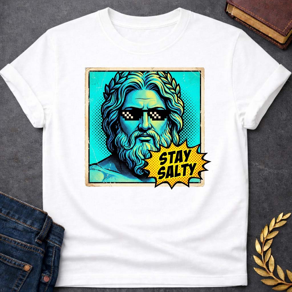 poseidon stay salty greek mythology youth t shirt featuring trident, ocean waves, sea god symbolism in Greek mythology design