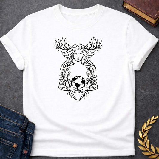 Gaia Minimalist Line Art Greek Mythology Youth Shirt featuring detailed Greek mythology artwork, symbolic design, and bold graphic style