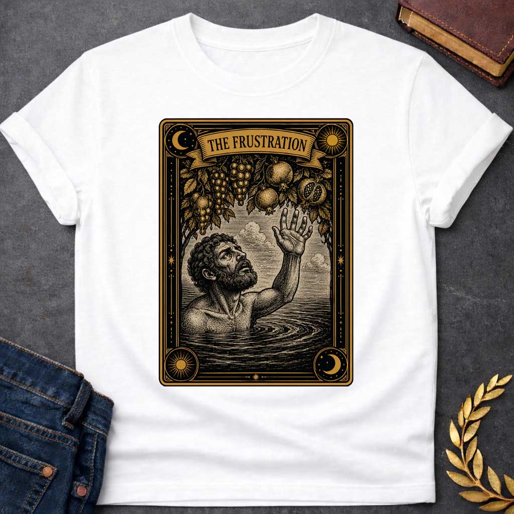 White t-shirt with A detailed tarot card-style illustration. Set within an ornate black and gold border featuring sun and moon corner emblems, a bearded man in rippling water reaches one hand up toward hanging branches overflowing with grapes and pomegranates. A ribbon banner across the top of the card displays the title "THE FRUSTRATION" in a bold serif typeface.