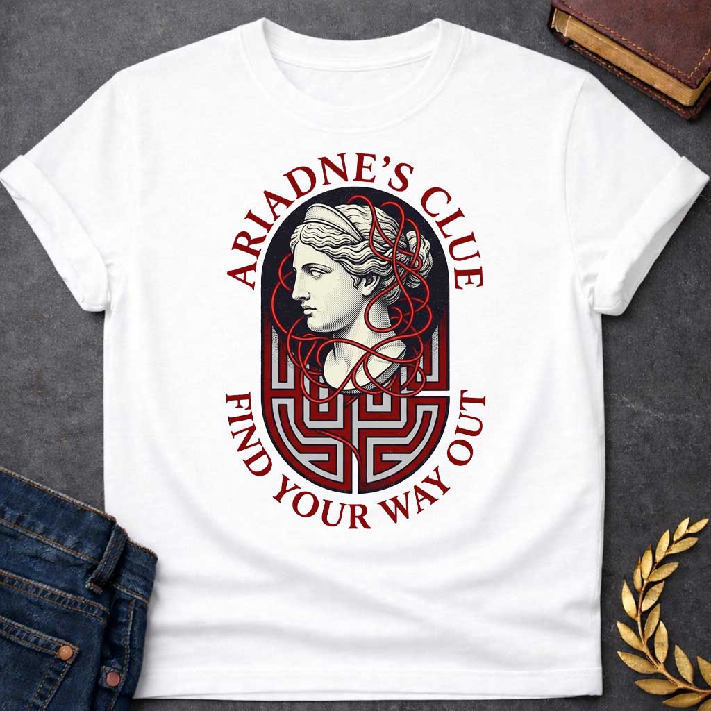 White T-shirt with A Classical portrait of Ariadne rendered in cream and red showing her in profile with wavy hair. Red thread winds decoratively around her head and neck, referencing her legendary ball of thread that guided Theseus through the labyrinth. A Greek key maze pattern in red and gray forms the base below her portrait. Text reads 'Ariadne's Clue' above and 'Find Your Way Out' below. Celebrates the mythological heroine's wisdom and the power of guidance through impossible challenges