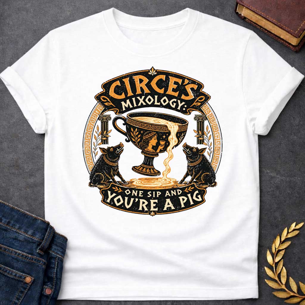 White T-shirt with a vintage-style Greek mythology t-shirt design Centered is a large black and gold ancient Greek kylix cup spilling a potion, flanked by two black pigs. At the top, stylized text reads "CIRCE'S MIXOLOGY" in an ornate banner. Below, the warning "ONE SIP AND YOU'RE A PIG" curves along the bottom. The entire circular graphic features a distressed texture with traditional Greek key patterns