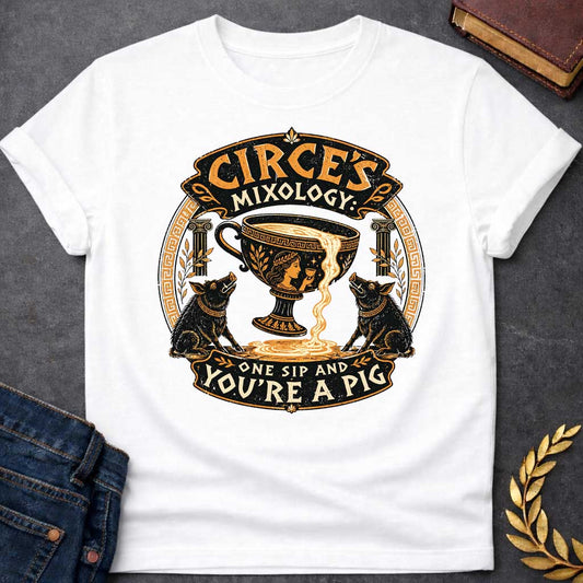 White T-shirt with a vintage-style Greek mythology t-shirt design Centered is a large black and gold ancient Greek kylix cup spilling a potion, flanked by two black pigs. At the top, stylized text reads "CIRCE'S MIXOLOGY" in an ornate banner. Below, the warning "ONE SIP AND YOU'RE A PIG" curves along the bottom. The entire circular graphic features a distressed texture with traditional Greek key patterns