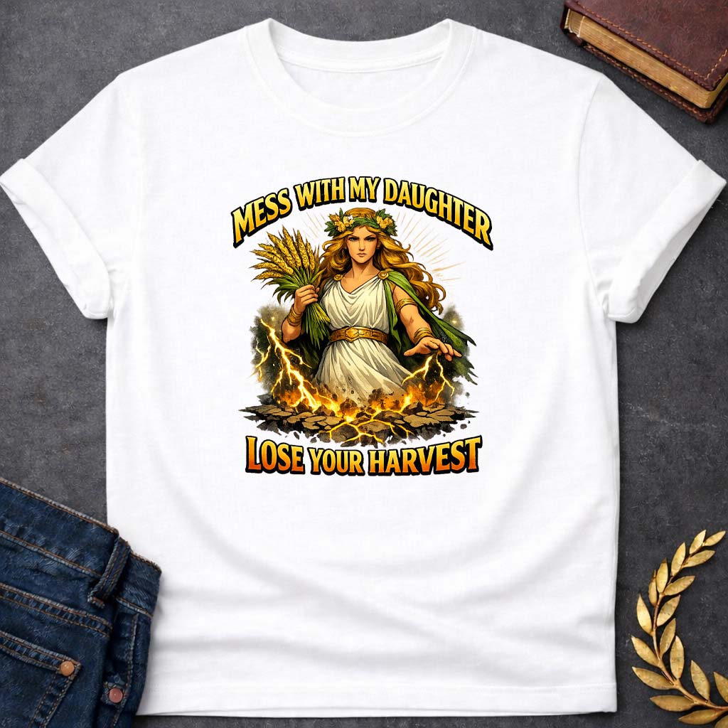 demeter mess with my daughter greek mythology youth t shirt featuring detailed Greek mythology artwork, symbolic design, and bold graphic style