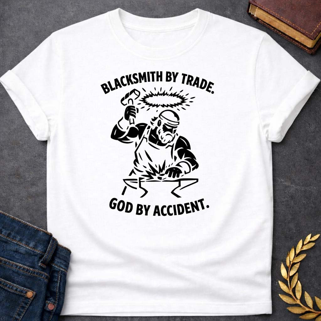 hephaestus blacksmith by trade god by accident greek mythology youth t shirt featuring blacksmith hammer, forge sparks, fire god symbolism in industrial mythology design