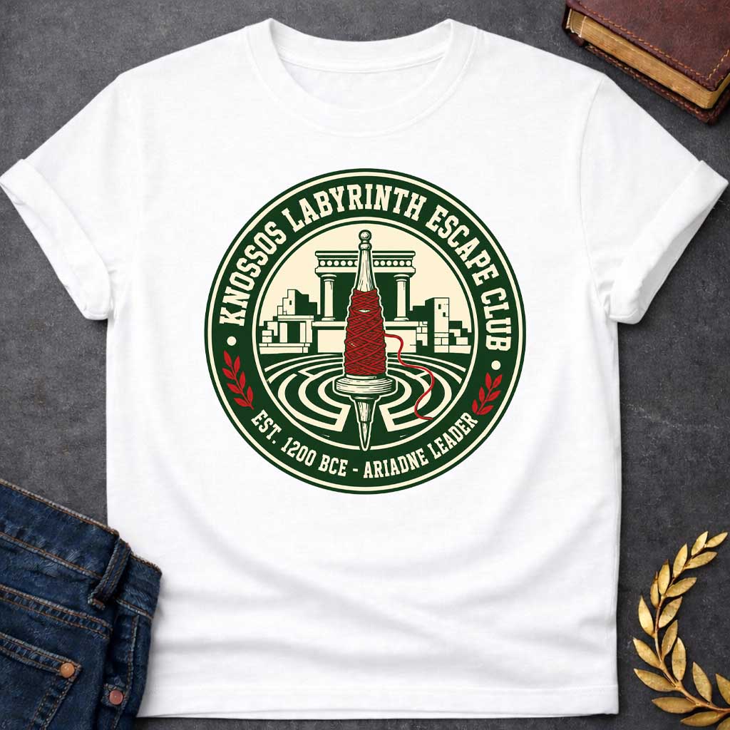 White T-shirt with A circular, collegiate-style emblem t-shirt design, The logo features a cream center showing a wooden spindle wrapped in bright red thread, positioned over a labyrinth with ancient Minoan ruins behind it. The dark green outer ring reads "KNOSSOS LABYRINTH ESCAPE CLUB" along the top and "EST. 1200 BCE - ARIADNE LEADER" at the bottom, separated by small red laurel branches.