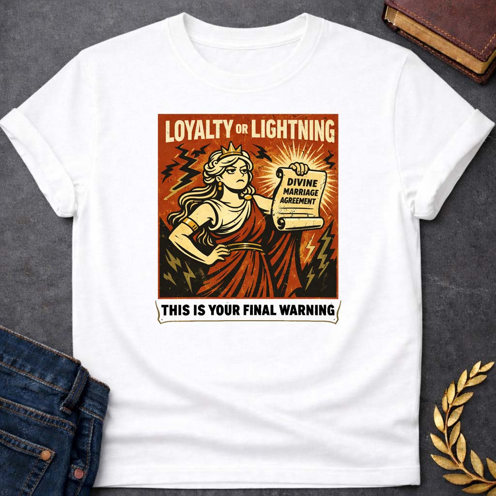 hera loyalty or lightning greek mythology adult t shirt featuring detailed Greek mythology artwork, symbolic design, and bold graphic style