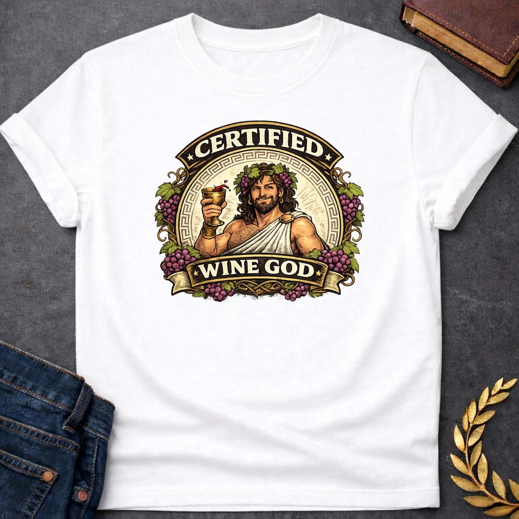 dionysus certified wine god greek mythology adult t shirt featuring detailed Greek mythology artwork, symbolic design, and bold graphic style
